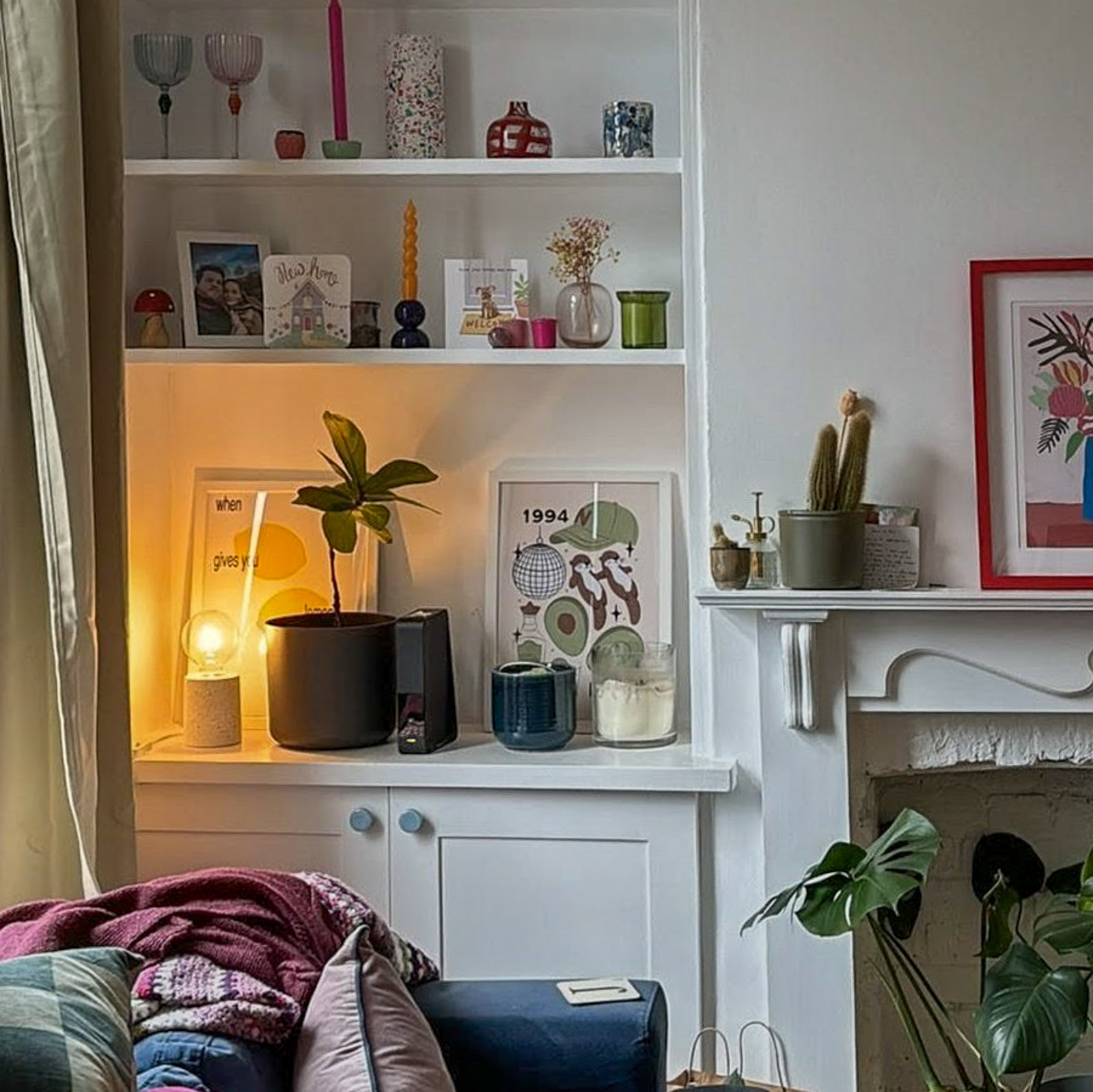 Finished lounge with built-in alcove shelving and cupboards, Lordship Lane