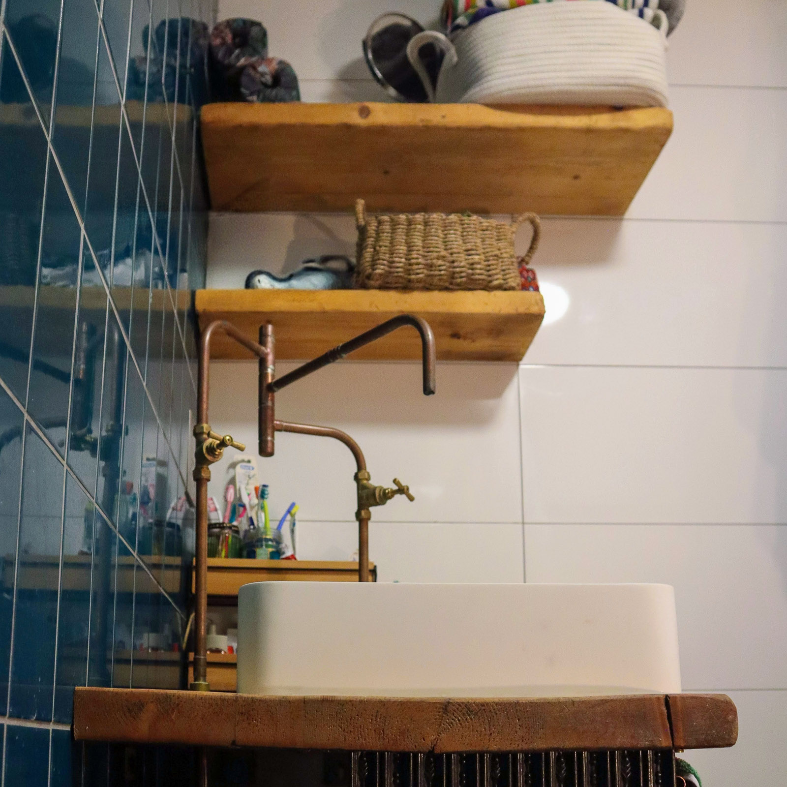 Custom designed bathroom with copper welded taps and fittings, Paddock Close