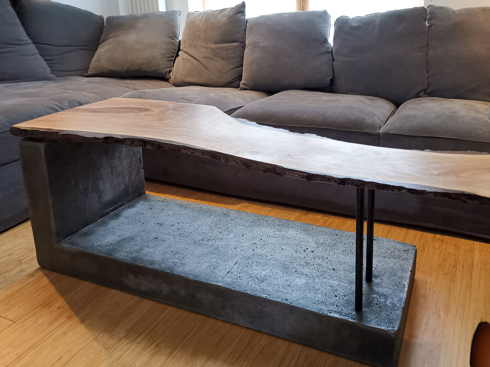 Custom concrete, steel and wood dining table made from a tree slab, Reigate Road